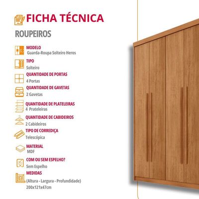 Guarda Roupa Solteiro Heros 4 Portas E 2 Gavetas Moderna Naturalle