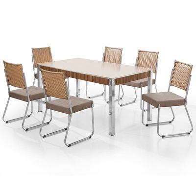 Mesa de Jantar Aço Nobre Claudia com Tampo Kanon e 6 Cadeiras Off White, Bege e Nogal