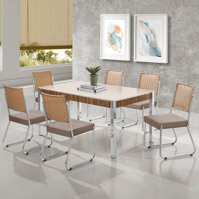 Mesa de Jantar Aço Nobre Claudia com Tampo Kanon e 6 Cadeiras Off White, Bege e Nogal