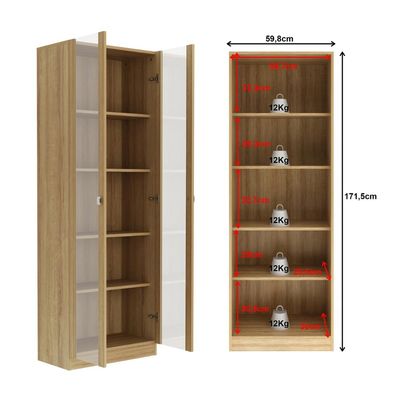 Armário Multiuso 59,8x171,5cm com 2 Portas de vidro e 4 Prateleiras AM3112 Amêndoa