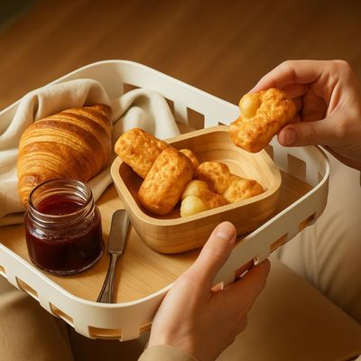 Bandeja para Servir Café da Manhã Bege 35x29cm Travessa Retangular Bambu Ou