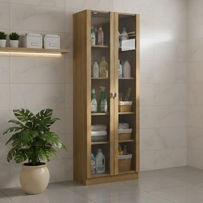 Armário Multiuso 59,8x171,5cm com 2 Portas de vidro e 4 Prateleiras AM3112 Amêndoa