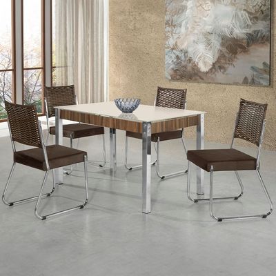 Mesa de Jantar Aço Nobre Cláudia com Tampo Kanon e 4 Cadeiras Off White/Nogal/Chocolat/ Marrom