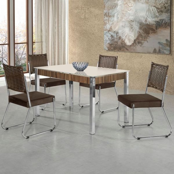 Mesa de Jantar Aço Nobre Cláudia com Tampo Kanon e 4 Cadeiras Off White/Nogal/Chocolat/ Marrom