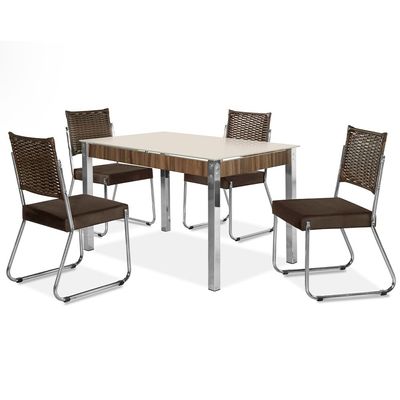Mesa de Jantar Aço Nobre Cláudia com Tampo Kanon e 4 Cadeiras Off White/Nogal/Chocolat/ Marrom