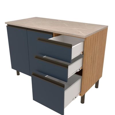 Balcão Bartira Cristal em MDP com 2 Portas e 3 Gavetas, 120,1cm de largura - Lâmina de Mel/Azul Royal Lâmina de Mel/Azul Royal