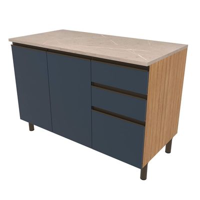 Balcão Bartira Cristal em MDP com 2 Portas e 3 Gavetas, 120,1cm de largura - Lâmina de Mel/Azul Royal Lâmina de Mel/Azul Royal