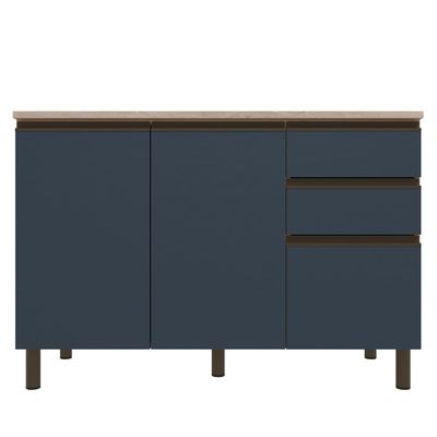 Balcão Bartira Cristal em MDP com 2 Portas e 3 Gavetas, 120,1cm de largura - Lâmina de Mel/Azul Royal Lâmina de Mel/Azul Royal