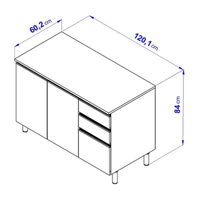 Balcão Bartira Cristal em MDP com 2 Portas e 3 Gavetas, 120,1cm de largura - Lâmina de Mel/Azul Royal Lâmina de Mel/Azul Royal