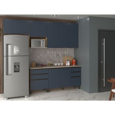 Cozinha Completa Bartira Cristal com 7 Portas, 5 Gavetas, 4 Prateleiras Lâmina de Mel/Azul Royal