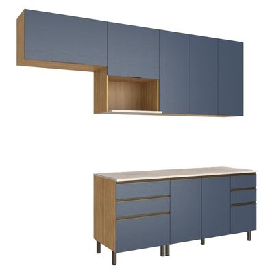 Cozinha Completa Bartira Cristal com 7 Portas, 5 Gavetas, 4 Prateleiras Lâmina de Mel/Azul Royal