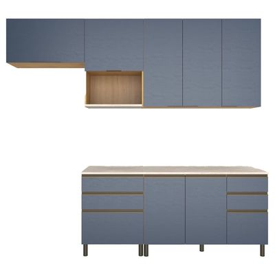 Cozinha Completa Bartira Cristal com 7 Portas, 5 Gavetas, 4 Prateleiras Lâmina de Mel/Azul Royal