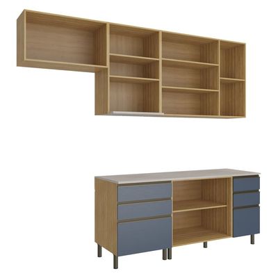 Cozinha Completa Bartira Cristal com 7 Portas, 5 Gavetas, 4 Prateleiras Lâmina de Mel/Azul Royal