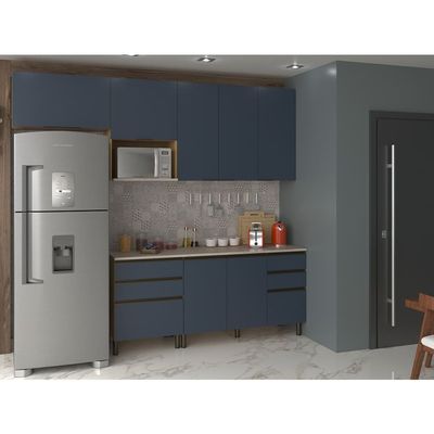 Cozinha Completa Bartira Cristal com 7 Portas, 5 Gavetas, 4 Prateleiras Lâmina de Mel/Azul Royal