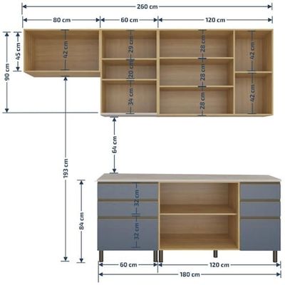 Cozinha Completa Bartira Cristal com 7 Portas, 5 Gavetas, 4 Prateleiras Lâmina de Mel/Azul Royal