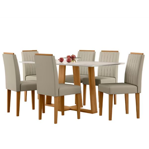 Mesa de Jantar Retangular New Ceval Amsterdam com 6 Cadeiras Estofadas e Revestidas Ypê, Off White e Areia