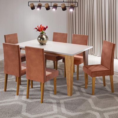 Mesa de Jantar Retangular Viero Milão com 6 Cadeiras Vênus Estofadas e Revestidas Mel/Blonde/Terracota