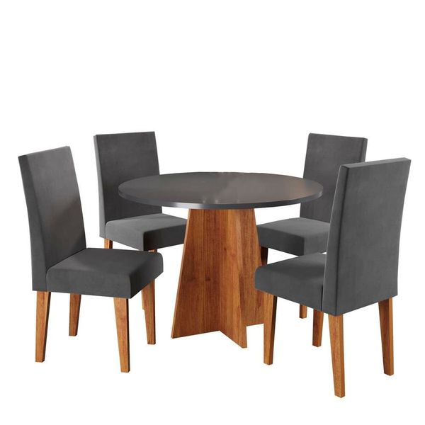 Mesa de Jantar Redonda Viero Criative com 4 Cadeiras Vênus Estofadas e Revestidas Mel/Cinza/Grafite