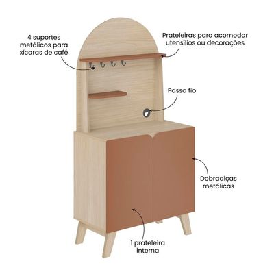 Cantinho do Café Artely Viena com 2 portas e 3 prateleiras 80cm de largura Naturale e Terracota