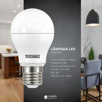 Kit 5 Lâmpadas Led Bolinha Tkl 4,9w Taschibra E27 Bivolt 3000k Quente