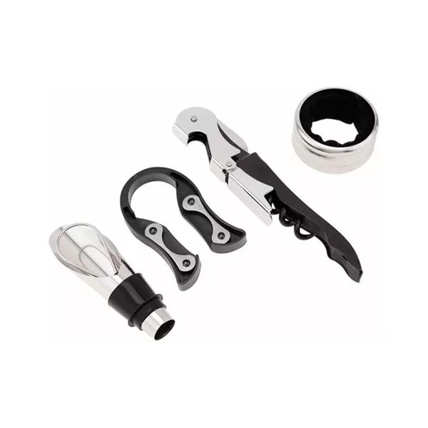 Kit Acessórios para Vinho 4 Peças Bico Dosador Corta Lacres Abridor de Vinho Anel para Garrafa