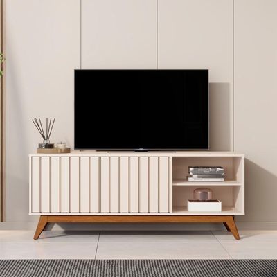 Rack Bancada Açai 140 Cm Tv Até 60 Com Pés Madeira Maciça Off White