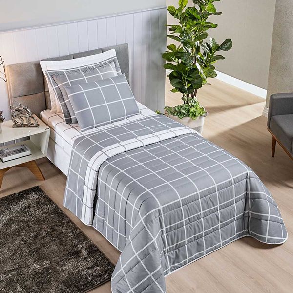 Kit Cobre Leito Minimalista Quadriculado Solteiro 02 Peças Tecido Micropercal 200 Fios - Cinza com Branco