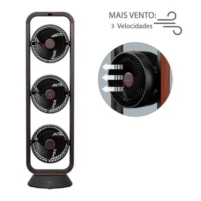 Ventilador de Torre Spirit Robot Triplo 130W com 3 Velocidades, Controle Remoto e Painel Digital com Display LED Preto com Tabaco / 220V