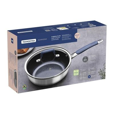 Frigideira Tramontina Funda Com Tampa Romagna Em Aço Inox E Alumínio Com Revestimento Cerâmico Black Stone 24cm