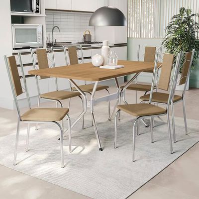 Mesa de Jantar Kappesberg Milano com 6 Cadeiras Estofadas Cromada, Freijó e Capuccin