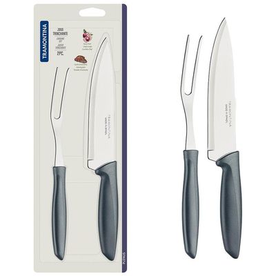 Conjunto Faca Chef e Garfo Trinchante Tramontina Plenus - 2 Peças Inox/Cinza