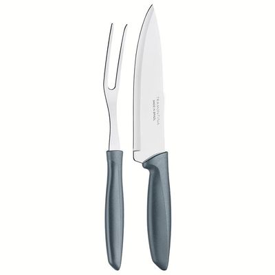 Conjunto Faca Chef e Garfo Trinchante Tramontina Plenus - 2 Peças Inox/Cinza