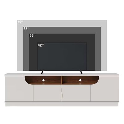Rack Bancada para TV até 75 Santorini 2.0 4 Portas 2 Nichos Tampo 25mm Puxador Dourado Fosco Colibri Móveis Off White Matte/Freijó