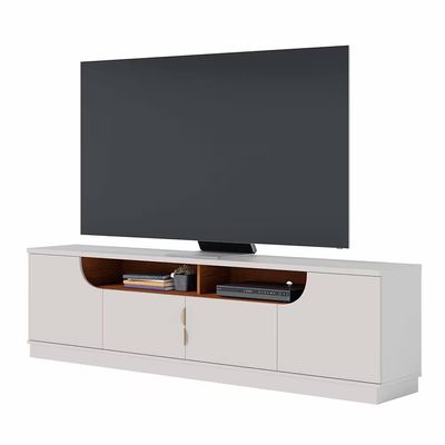 Rack Bancada para TV até 75 Santorini 2.0 4 Portas 2 Nichos Tampo 25mm Puxador Dourado Fosco Colibri Móveis Off White Matte/Freijó