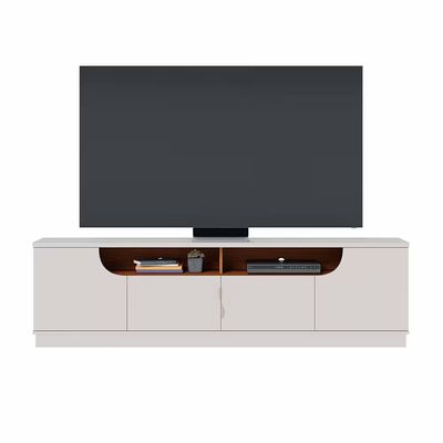 Rack Bancada para TV até 75 Santorini 2.0 4 Portas 2 Nichos Tampo 25mm Puxador Dourado Fosco Colibri Móveis Off White Matte/Freijó