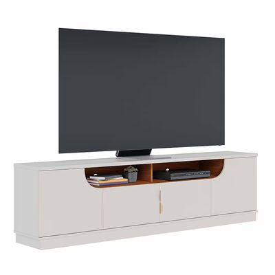 Rack Bancada para TV até 75 Santorini 2.0 4 Portas 2 Nichos Tampo 25mm Puxador Dourado Fosco Colibri Móveis Off White Matte/Freijó