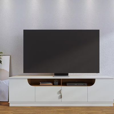 Rack Bancada para TV até 75 Santorini 2.0 4 Portas 2 Nichos Tampo 25mm Puxador Dourado Fosco Colibri Móveis Off White Matte/Freijó