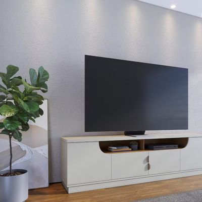 Rack Bancada para TV até 75 Santorini 2.0 4 Portas 2 Nichos Tampo 25mm Puxador Dourado Fosco Colibri Móveis Off White Matte/Freijó