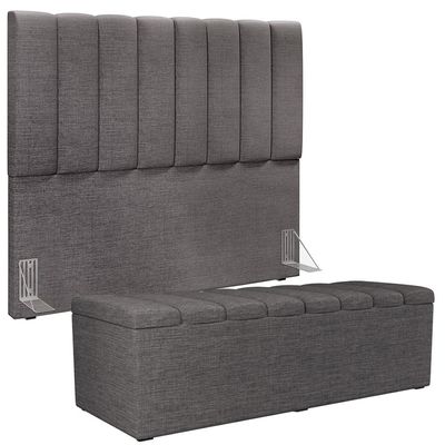 Kit Cabeceira Cama Box Casal 140cm Calçadeira Recamier Baú Dália W01 Linho Cinza Escuro - Lyam Decor