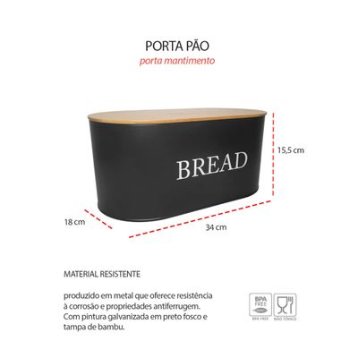 Porta Pao Tampa Bambu Porta Utensilios Pote Aço Preto 2un