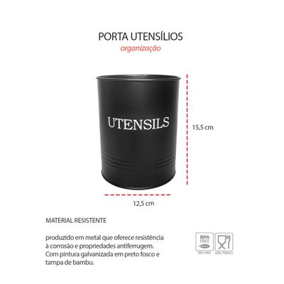Porta Pao Manteigueira Porta Utensilios Pote Aço Preto Bambu