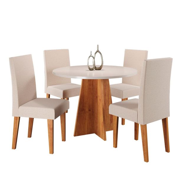 Mesa de Jantar Redonda Viero Criative com 4 Cadeiras Vênus Estofadas e Revestidas Mel/Blonde/Bronze
