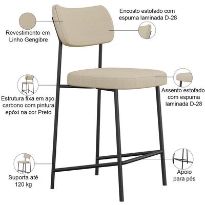 Kit 06 Banquetas Baixa Bar Cozinha Sala De Jantar Preto Elira L02 Linho Bege Escuro - Lyam Decor