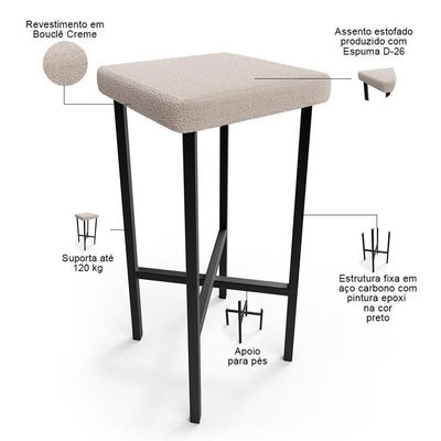 Kit 03 Banquetas Alta Bar Cozinha Sala De Jantar Preto Stella L02 Bouclê Creme - Lyam Decor