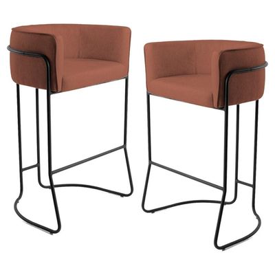 Kit 2 Banquetas Decorativas Base Aço Preto Linho Laranja