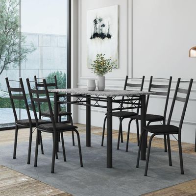 Conjunto De Mesa Sala De Jantar Leia Com 6 Cadeiras Tubular Granito 1,40m Artefamol Preto