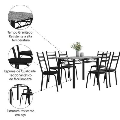 Conjunto De Mesa Sala De Jantar Leia Com 6 Cadeiras Tubular Granito 1,40m Artefamol Preto