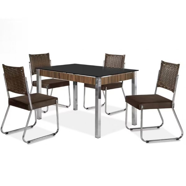 Mesa de Jantar Aço Nobre Claudia com Tampo Kanon e 4 Cadeiras Preto/Nogal/Chocolate/Marrom