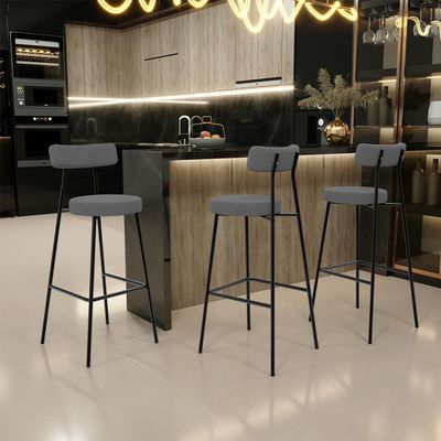 Kit 04 Banquetas Baixa Bar Cozinha Sala De Jantar Em Aço Milão L02 Suede Cinza - Lyam Decor