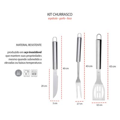 Espatula Garfo e Faca Cabo Longo Kit Churrasco Inox 3un